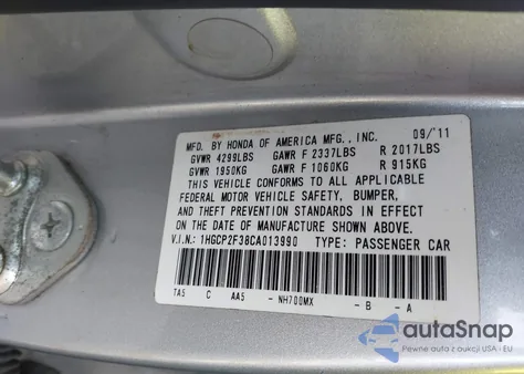 2012 Honda Accord 2.4 Lx z USA, uszkodzony, nr VIN 1HGCP2F38CA013990